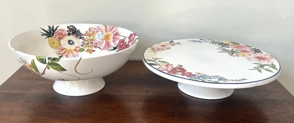 Pottery Barn Flora Floral Rim Cake Plate & Centerpiece Serving Fruit Bowl Easter