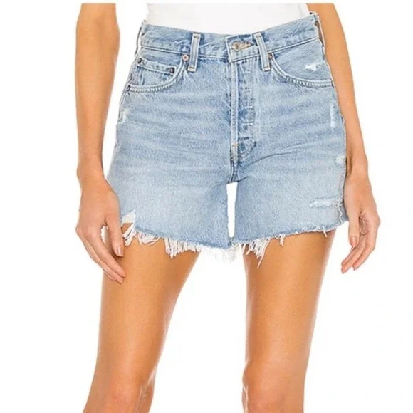 Agolde Parker Long Distressed Denim Cut Off Shorts - 25
