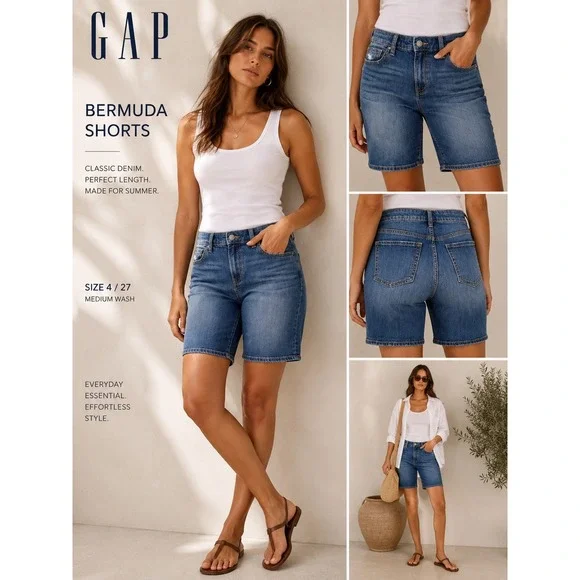 Gap Bermuda Jean Shorts Size 4 Medium Wash Y2K Coastal Casual‎ Denim