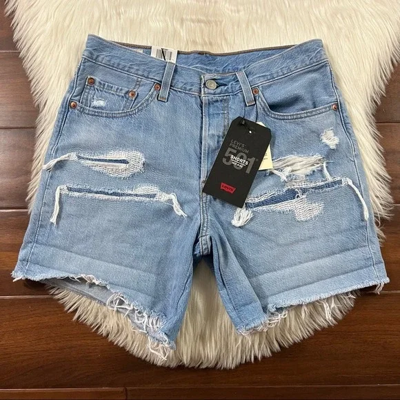 Levi's Size 27 Haze Blue Distressed 501 Long Denim Shorts‎