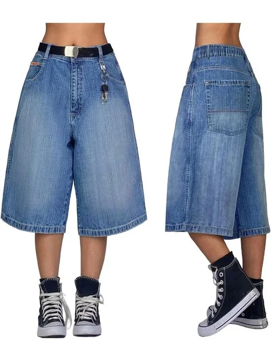 Baggy Denim Jorts for Women | Wide Leg Y2K Shorts | Elastic Waist Bermuda with