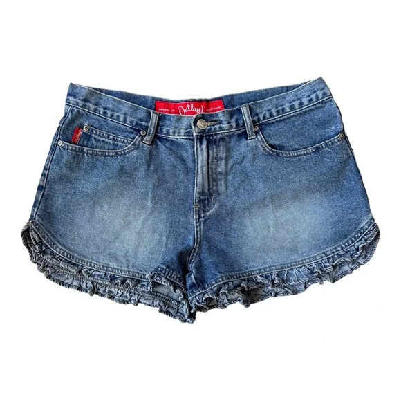 Y2K Outlaw Jeans WANTED Zipper Ruffle Hem Denim Micro‎ Shorts Sz 11 Juniors