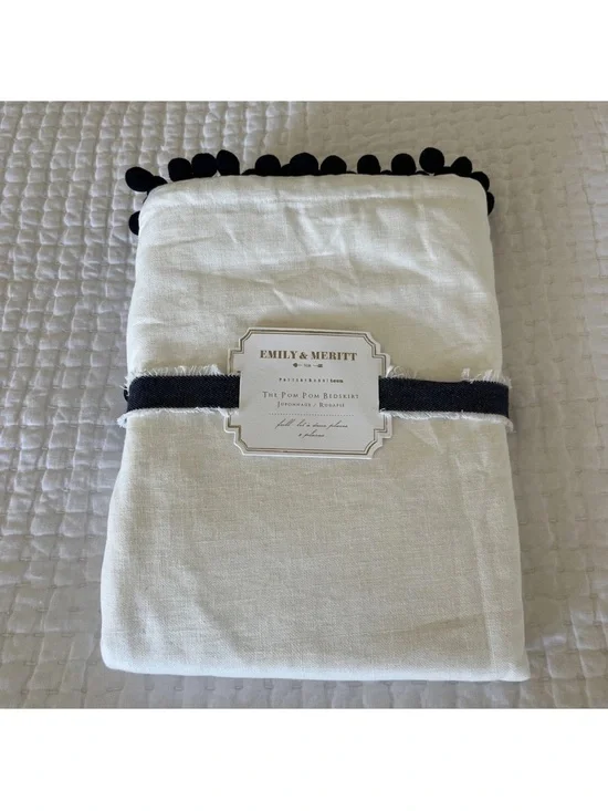 Emily & Meritt Pom Pom Full Bedskirt - Ivory with Black Trim 18” Drop NEW