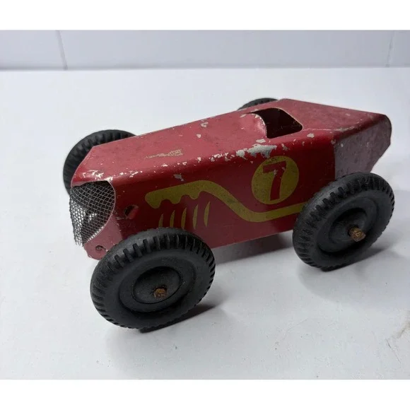 Vintage Pressed Steel Red Race Car Toy‎ Number 7 Mesh Grille Rubber Tires A-4