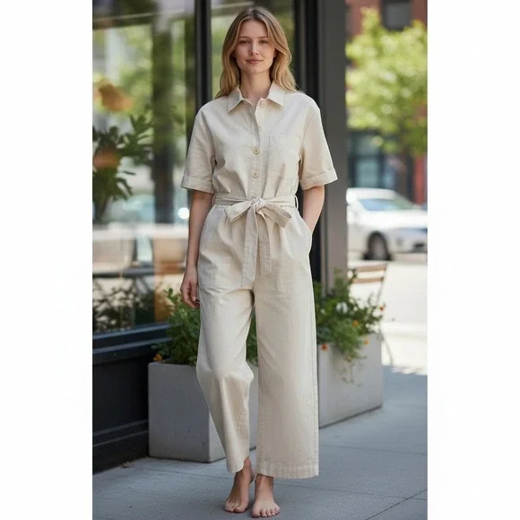 COS‎ Bone Color Linen Short Sleeve Button Front Belted Utility Jumpsuit Size 10