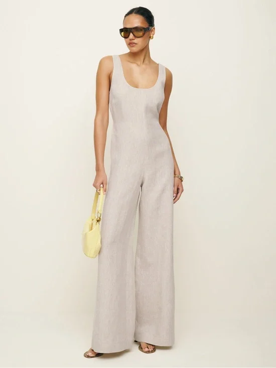 Reformation Women’s Nell Jumpsuit Linen Oatmeal Sleeveless Wide-Leg Jumpsuit Tie