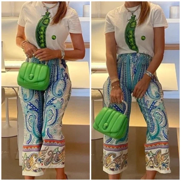 Zara linen blend printed pants turquoise