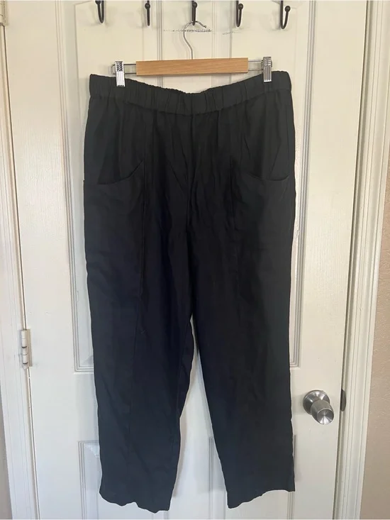 Quince 100% European Linen Pants Black L Elastic Waist Pockets