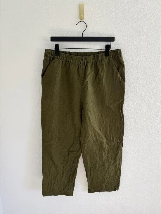Quince Women 100% European Linen 25” Versatile Classic Wide Leg Pants Green Sz L