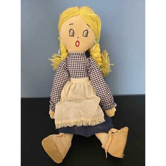 Vintage Handmade Cloth Doll‎ With Stitched Facial Features Blond Hair Apron