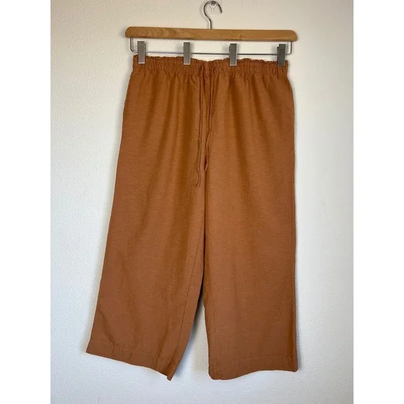 H&M Linen Blend Wide Leg Crop Pants XL Rust Brown Pull On Elastic Waist Coastal‎