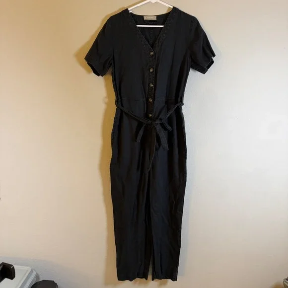 Everlane Black 100% Linen Short Sleeve Button Front Picnic Jumpsuit‎ Womens 4