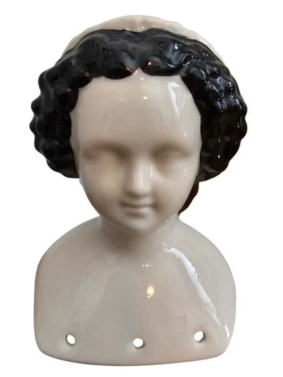 Vintage Hand Painted Porcelain  Bisque Doll Bust Head Ann Rost Black Hair