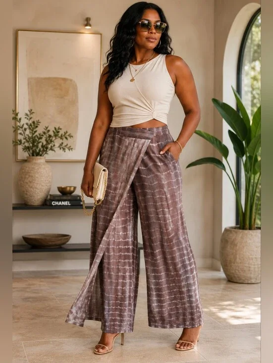 ZARA Tie-Dye Wrap Front Wide Leg Pants | Smoky Brown Charcoal | L | NWT Waist 35