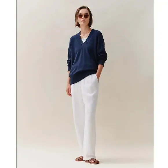 Quince 100% European Linen Pleated Trouser Pants 2 White Beachy Minimalist Lined