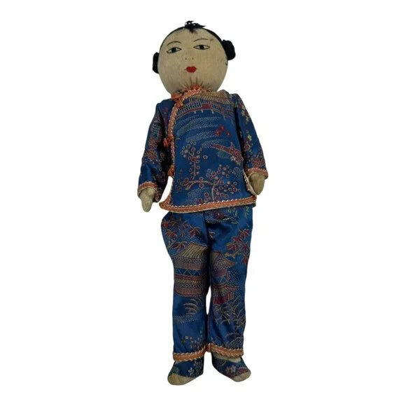 Vintage Ada Lum Chinese Hand Embroidered Stitched Blue Cloth Doll APP. 11