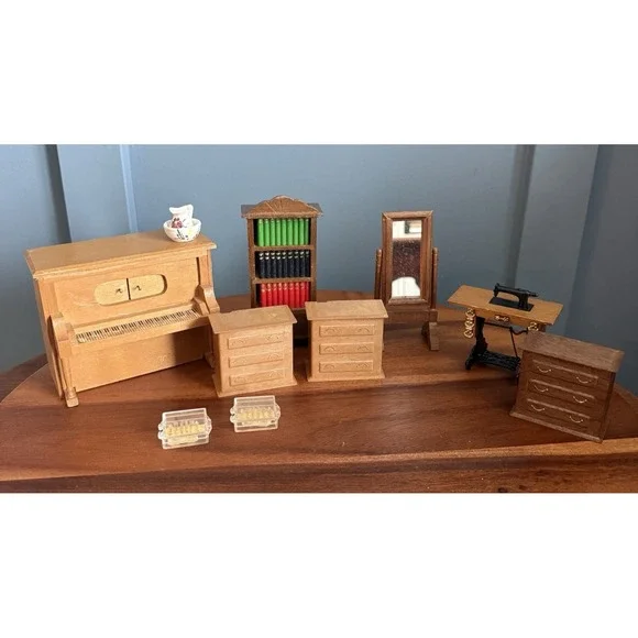 Vintage Dollhouse Miniature Furniture Lot Piano Music Box Sewing‎ Machine Mirror