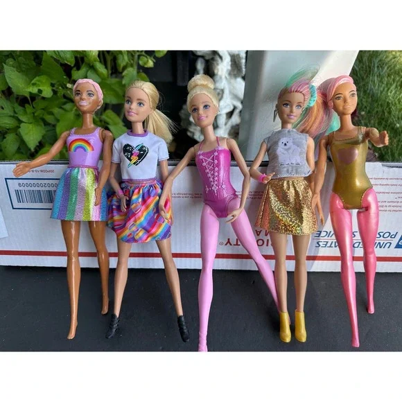 Barbie Doll Lot of 5 Ballerina Rainbow Fashion Gold‎ Swimsuit Multi-Color Hair
