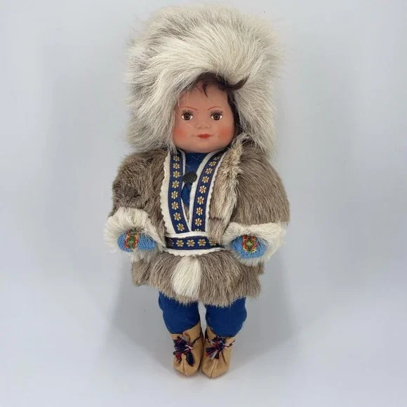 Vintage Inuit Eskimo Doll Faux Fur Parka Moccasins Blue Embroidered Trim 12 Inch