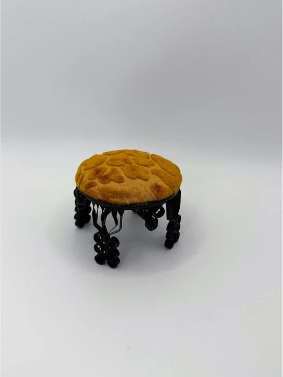 1:6 Scale Handmade Tramp Art Dollhouse Stool Gold Velvet Black Scroll Ottoman