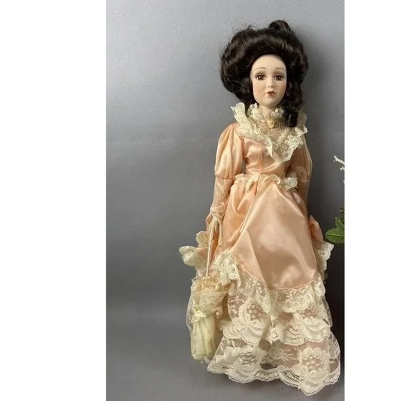 Vintage Porcelain Collector Doll Peach Satin Victorian Gown 16 Inch 1990s