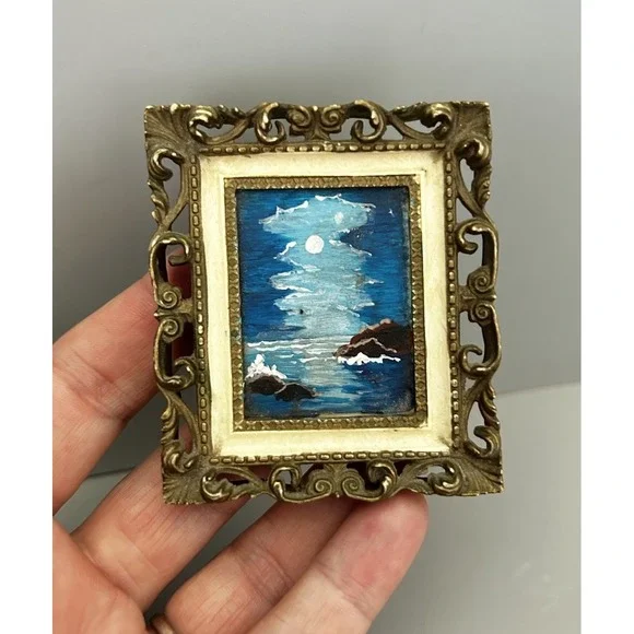 Vintage Dollhouse Miniature Night Ocean Moonlight Beach Painting In Mini Frame