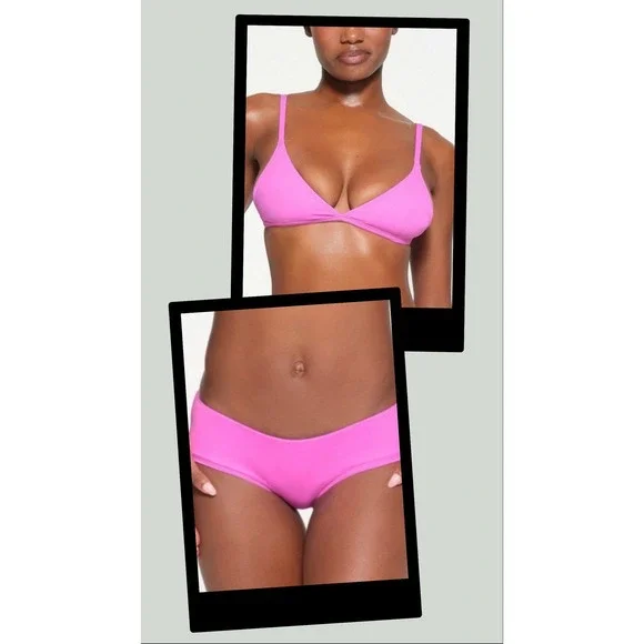 NWT SKIMS Recycled Swim Triangle Top Hipster Bottom Set Neon Orchid Pink M