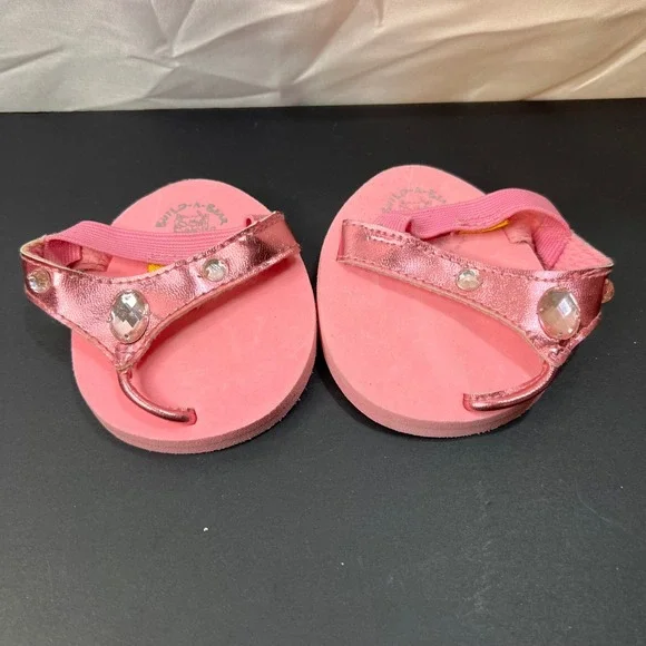 Build-A-Bear‎ OS Sandals Plush Pink Excellent Metallic Gemstone Flip Flops