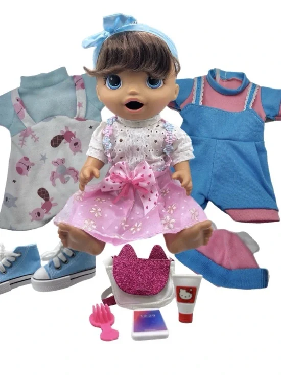 Dress-Up Baby Doll with Pink Floral Skirt and Blue Accessories