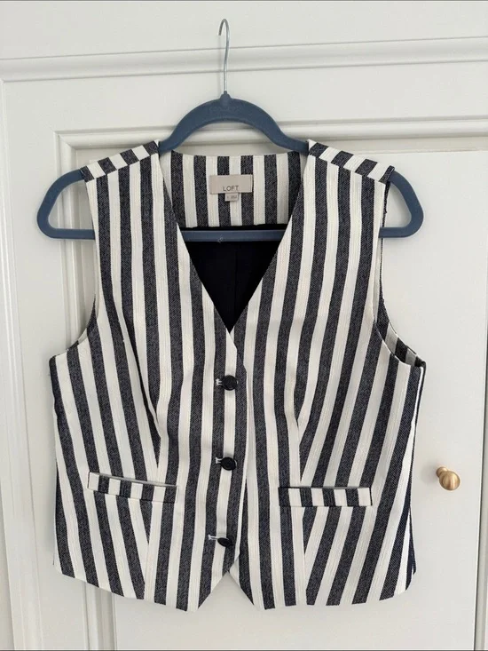 LOFT Navy and White Vertical Stripe Vest