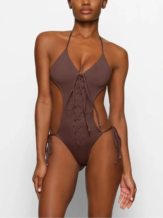SKIMS Lace-up Monokini Brown One Piece Swimsuit, Size Large, NWT