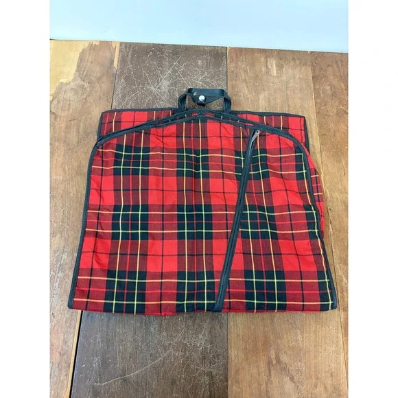 Vintage Red Plaid Tartan Garment Bag Suit Carrier Travel Luggage USA Zipper