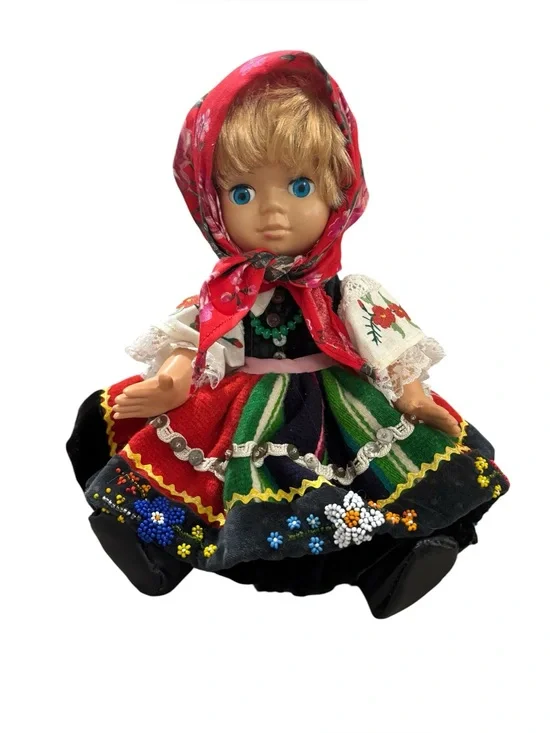 Vintage Polish Doll in Red Floral Headscarf and Colorful Folk Dress