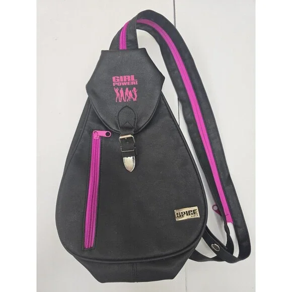 Vintage Spice Girls “Girl Power” Sling Bag — Black Faux Leather, Pink Accents