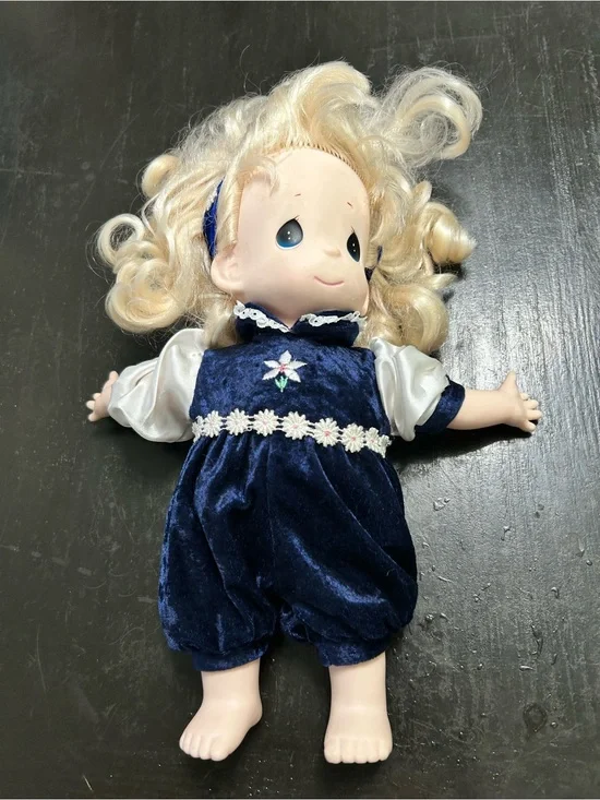 Precious Moments Blonde Doll in Navy Blue Velvet Outfit