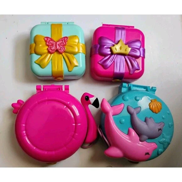 Polly Pocket Compact Lot of 4 Dolphin Beach Flamingo Gift Present Cases Figures