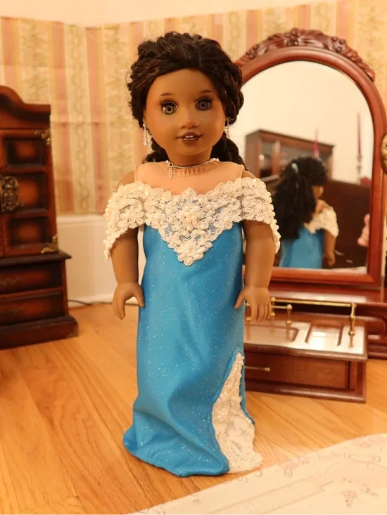 18 Inch American Girl Doll Blue Sparkle Off-Shoulder Doll Gown