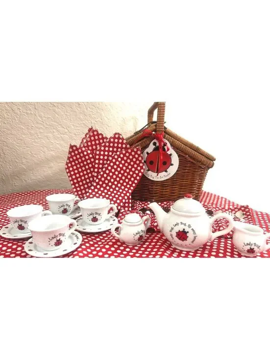 Ladybug Miniature Tea Set Wicker Basket Teapot Cups Saucers Flatware Picnic Set