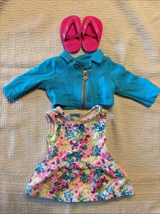 American Girl Turquoise Cropped Jacket with Floral Peplum Dress and Pink Sandals