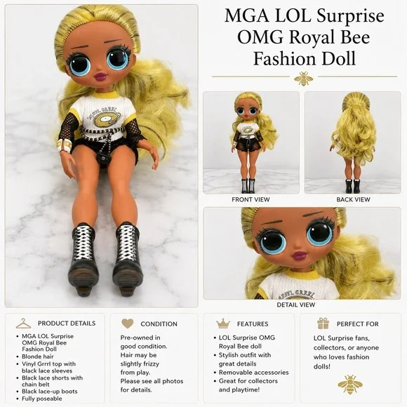 MGA LOL Surprise OMG Royal Bee Fashion Doll Blonde Hair Black Lace Shorts Boots