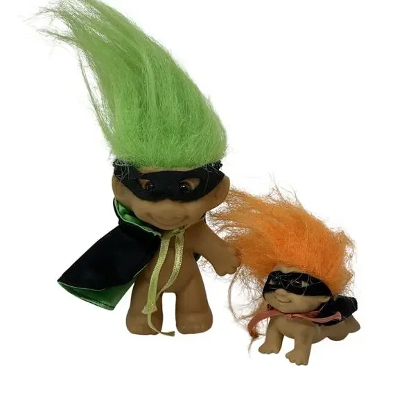 Vintage Super Hero Masked Troll Dolls Russ - Adult & Baby - Orange & Green