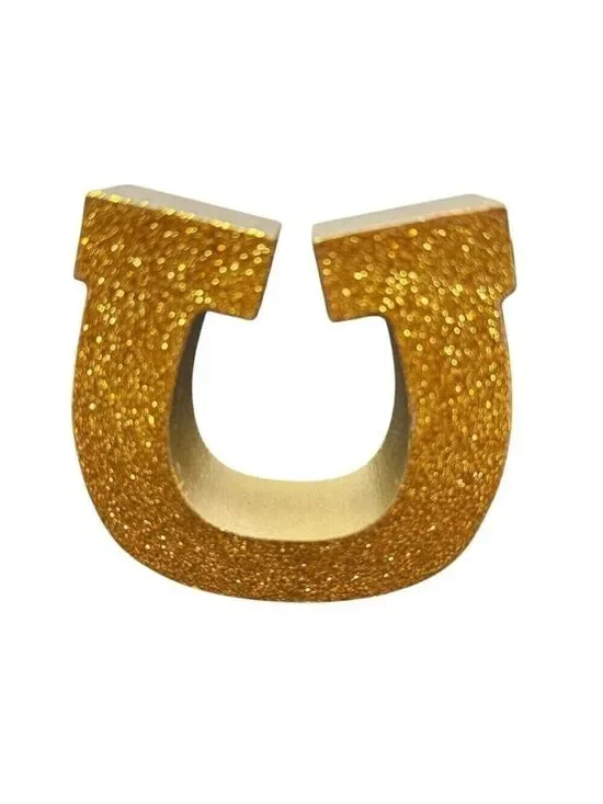 Gold Glitter Horseshoe Shaped Sign 3in Decorative Accent Lucky Charm St Paddy