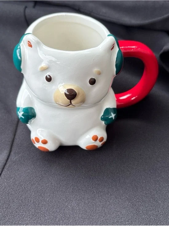 Cute White Bear Ceramic Mug with Red Handle