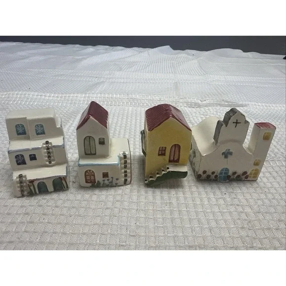 4 Vintage Ceramic Greek Islands Villa House Churches Figurines Handmade Greece
