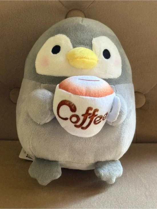 NWT Takashoji Gray Penguin Plush with Coffee Cup - Plush Toy (~6” tall)