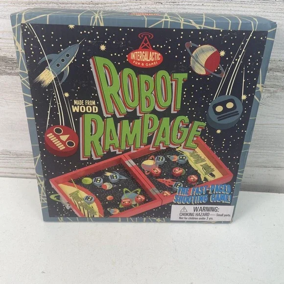 Intergalactic Fun & Games Robot Rampage Blue‎ Box Wood Complete Game 2014 Space