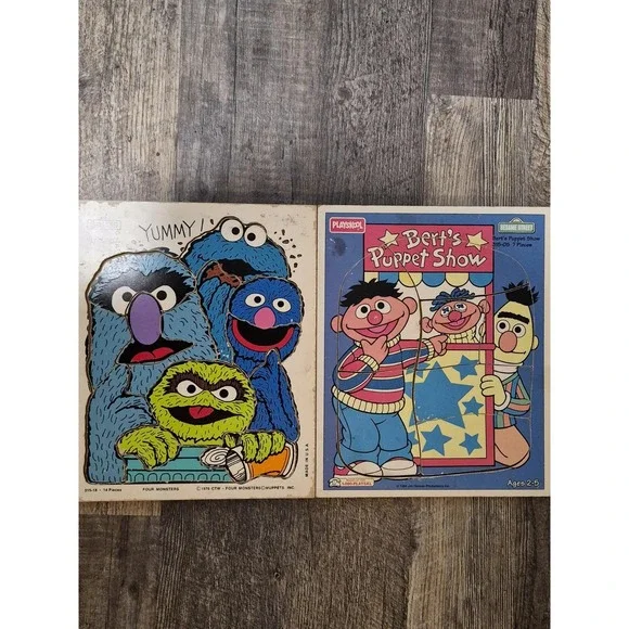 Vintage Playskool Wood Tray Puzzle Sesame Street Lot of 2- Monsters & Bert Ernie