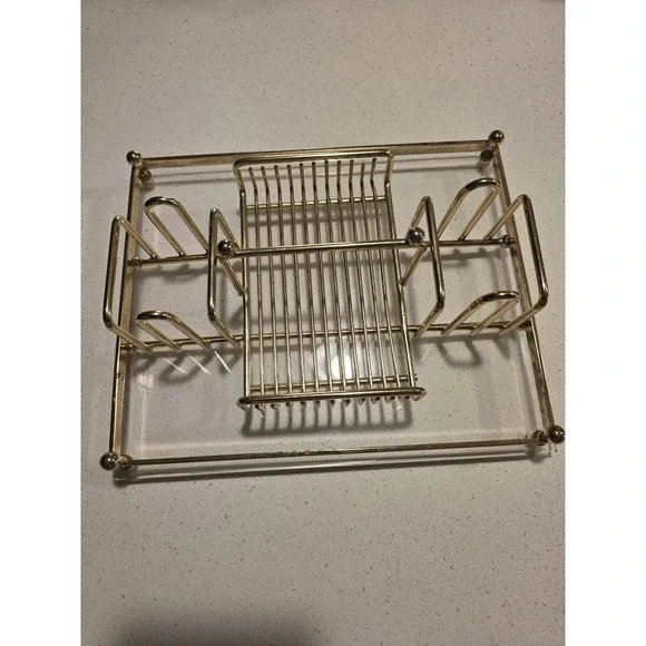 Vintage‎ MCM Gold Tone Metal & Lucite MAKE-UP Silverware Buffett Caddy Tray
