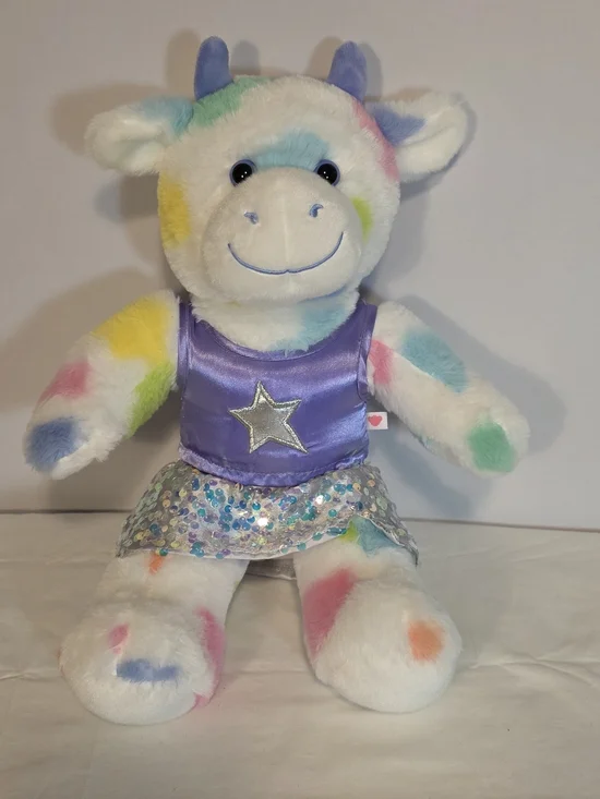 Build A Bear Colorful Splatter Cow Plush Rainbow Pastel Spotted With Outfit