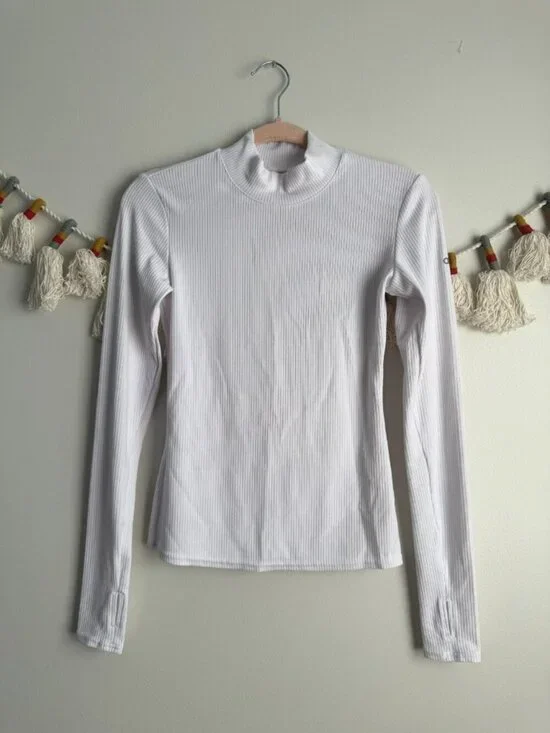 Alo Yoga Wellness White Mock Neck Ribbed Knit Long Sleeve Top Basics Layering S